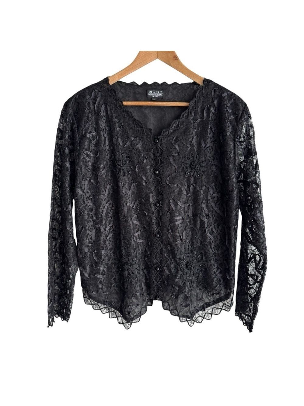 Vintage Full Lace Evening Jacket Sz XL Black Sheer Long Sleeve Party Cocktail